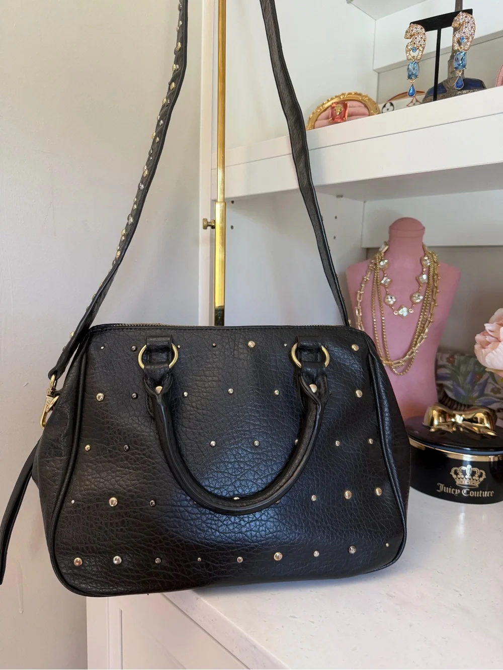 Juicy Couture EUC Black Leather Studded cross body Satchel with Gold Accents